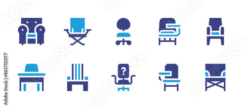 Chair icon set. Duotone color. Vector illustration. Containing desk, campchair, deskchair, officechair, buildings, hammock, vacant, armchair.
