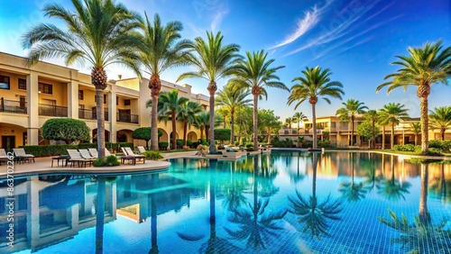 Luxurious resort hotel with a beautiful pool and palm trees , vacation, relaxation, travel, getaway
