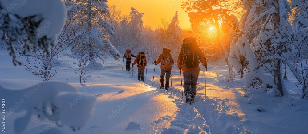 Backpackers Hike Through a Snowy Forest at Sunset Backpackers Hike Through a Snowy Forest at Sunset
