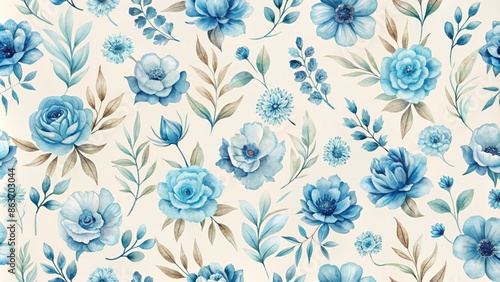 Delicate, whimsical blue watercolor flower pattern on a soft, cream-colored background, perfect for adding a touch of elegance to designs and digital projects.