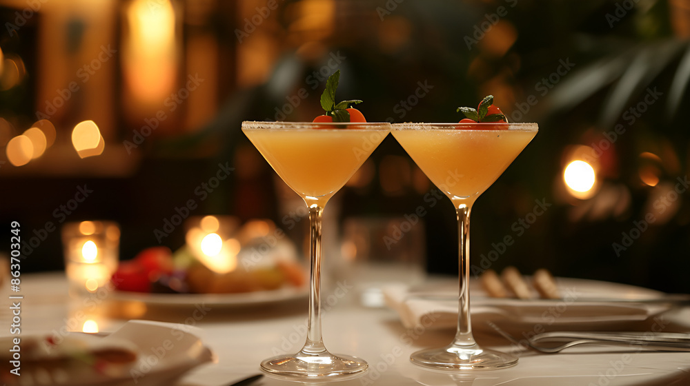Two martini glasses with fruit garnish on a table with dark background. Two martini glasses with fruit garnish on a table with dark background.