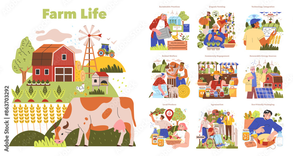 Naklejka premium Farm Life. Flat Vector Illustration