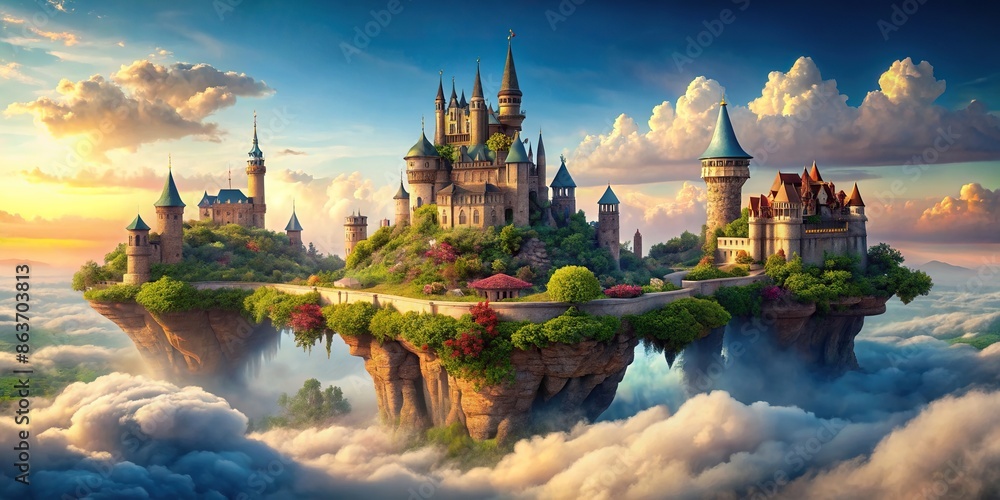 fantasy floating castle in the sky with majestic towers and lush ...