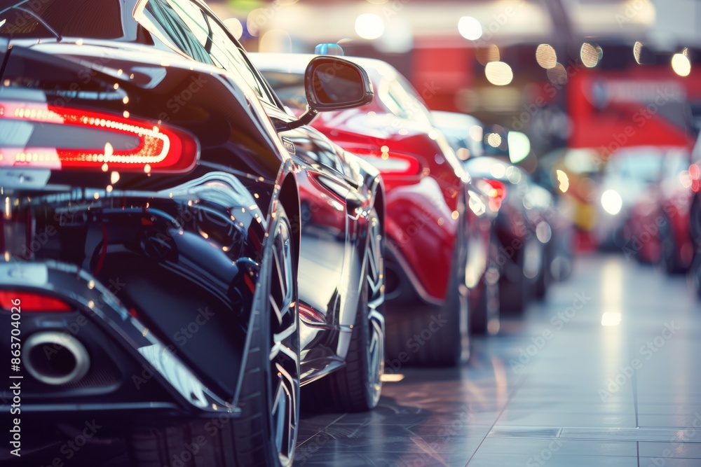 Naklejka premium Modern cars lineup in showroom with vibrant tail lights
