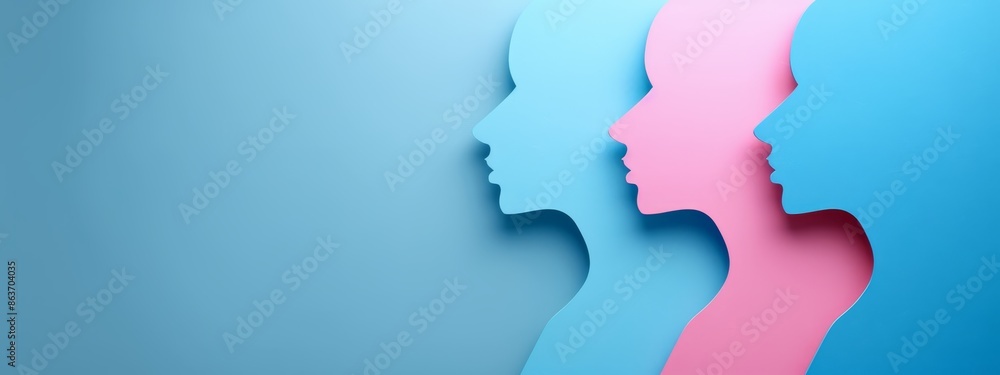 A group of heads with varying shades of blue, pink, and purple against a blue backdrop A group of heads with varying shades of blue, pink, and purple against a blue backdrop