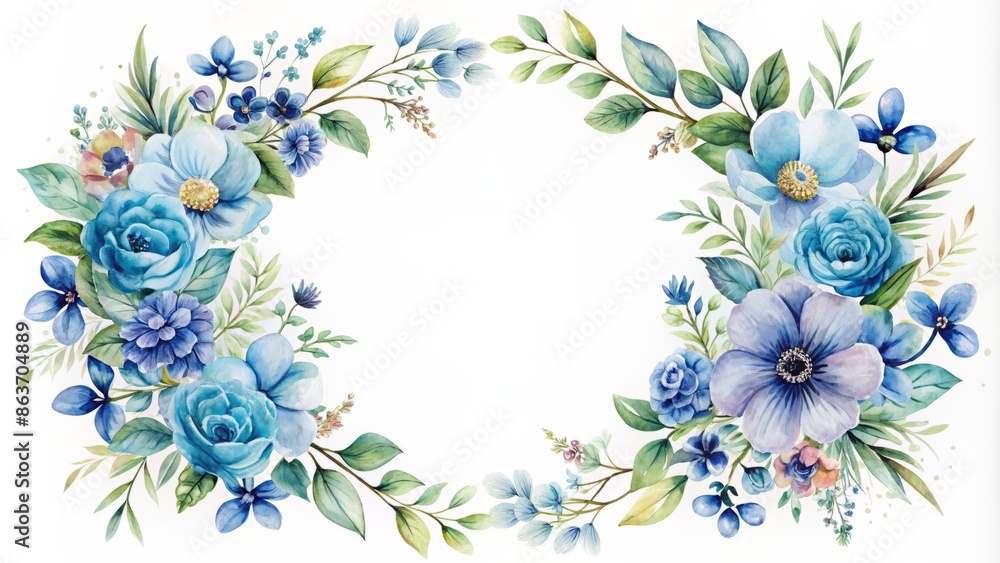 Fototapeta premium Delicate watercolor floral background featuring a circular frame with a stunning blue flower design set against a crisp white background.
