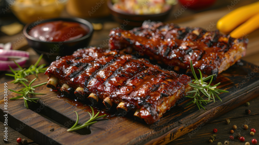 Succulent barbecue ribs served on a wooden board with rosemary garnish and dipping sauce in the background. Succulent barbecue ribs served on a wooden board with rosemary garnish and dipping sauce in the background.