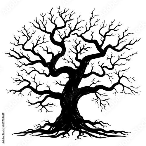 Spooky Leafless Tree Illustration, Minimalist black and white illustration of a spooky, leafless tree with twisted branches, creating an eerie and haunting visual effect.
