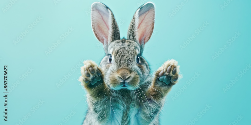 Fototapeta premium Cute bunny located on a solid blue background