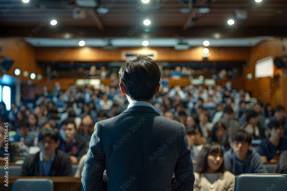 There are many people attending a large lecture hall, and a person in a suit enters the stand and makes an important presentation. There are many people attending a large lecture hall, and a person in a suit enters the stand and makes an important presentation.
