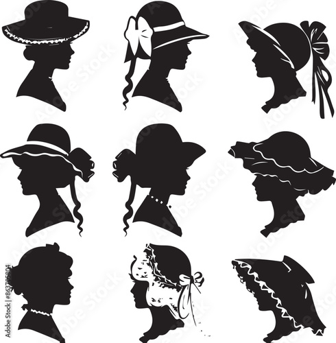Vintage Women's Hat Dark Silhouette Shapes Vector Set 