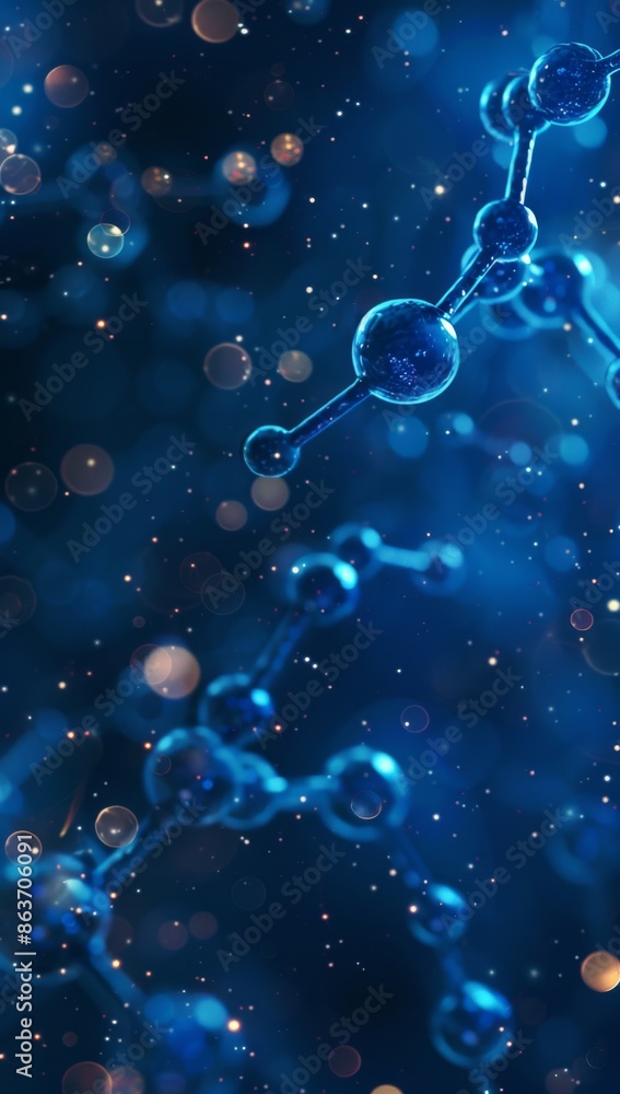 Abstract visualization of molecular structure with glowing particles on blue background Abstract visualization of molecular structure with glowing particles on blue background
