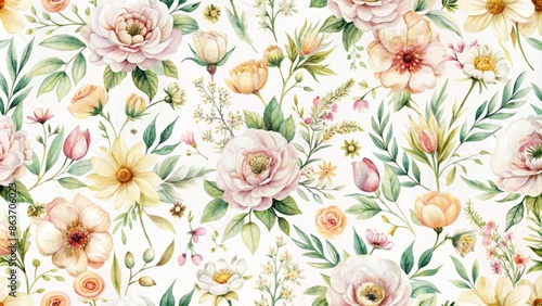 Delicate, bright, and cute watercolor floral pattern featuring simple, neutral flowers on a white background, perfect for fabric, home decor, and wrapping designs.