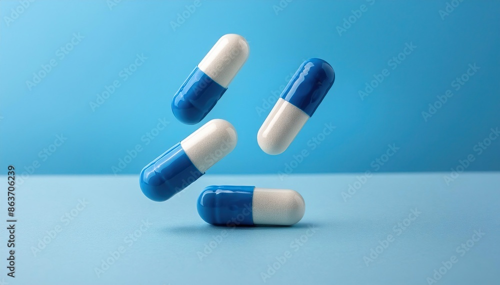 medical capsules antibiotics levitate on a blue background medical capsules antibiotics levitate on a blue background