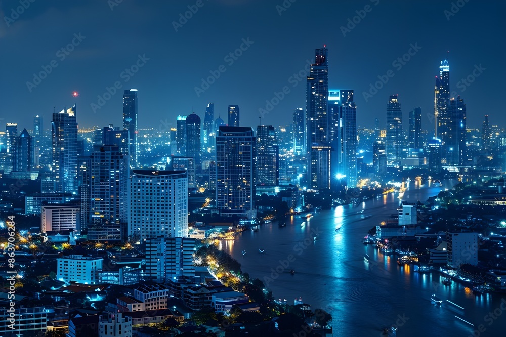 Fototapeta premium The night view on a blue background features large and diverse illuminated buildings and buildings in a city with a large river passing by.