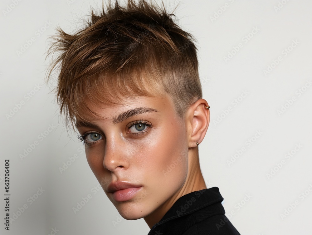 A model with an undercut hairstyle, posing with attitude A model with an undercut hairstyle, posing with attitude