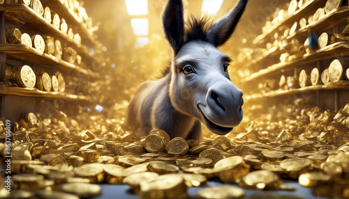 Ein Esel steht in Unmengen von Goldmünzen und Goldbarren. Konzept: Vorsorge