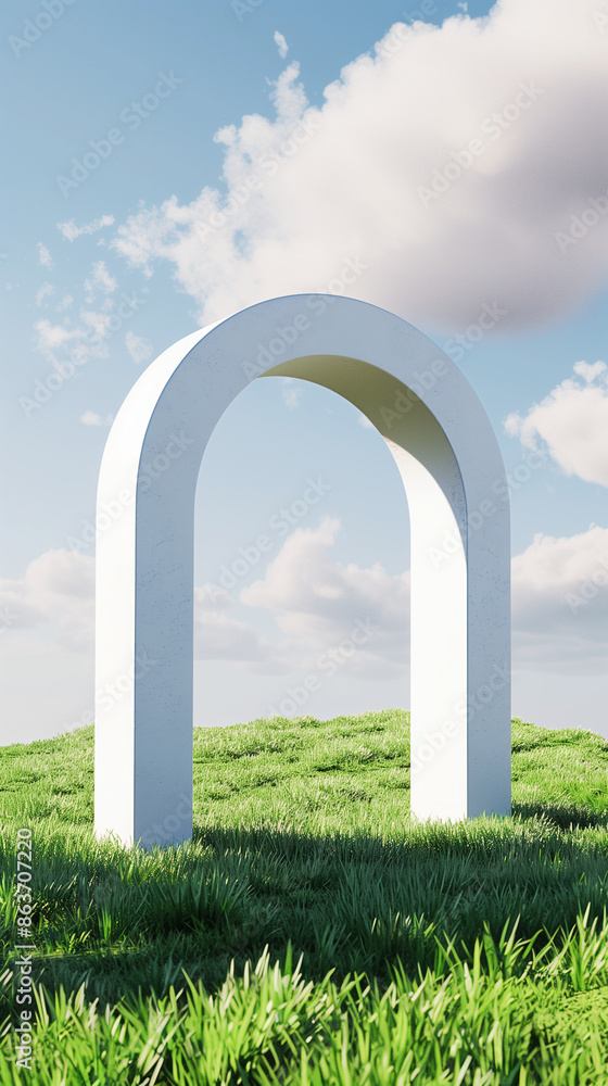 Architectural arch on surreal green grass field landscape. Plaster gates minimalistic background, entrance Architectural arch on surreal green grass field landscape. Plaster gates minimalistic background, entrance