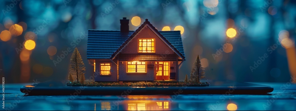  A tiny house atop a table, centrally located in a well-lit room