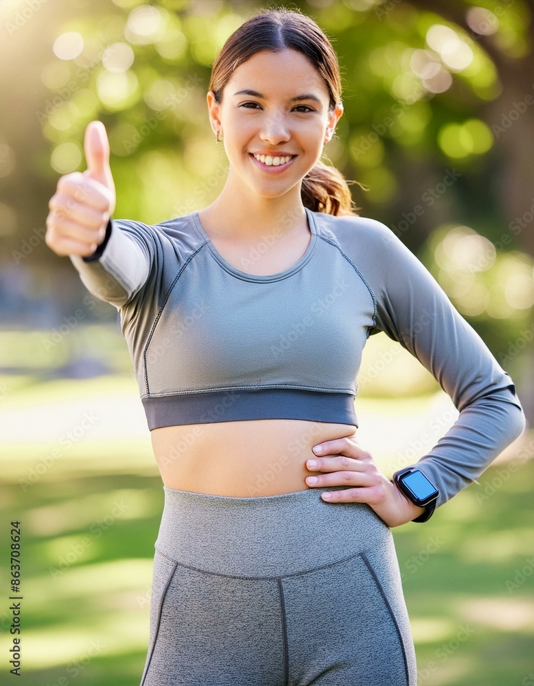 Portrait, happy woman or thumbs up for fitness, nature or healthy running workout exercise with smile Portrait, happy woman or thumbs up for fitness, nature or healthy running workout exercise with smile