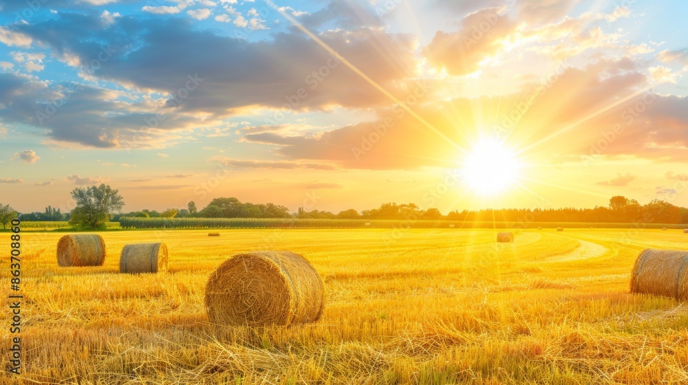Golden sunrise over wheat field with hay bales Golden sunrise over wheat field with hay bales