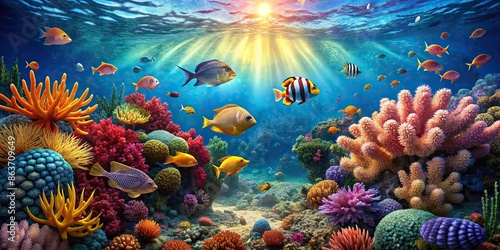 Detailed underwater ocean scene with colorful coral reefs, schools of fish, and swaying sea plants, underwater, ocean photo
