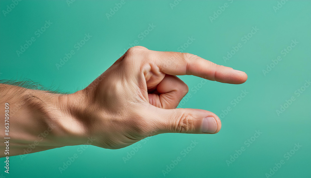 Closeup hand against green background, thumb and index finger nearly touching, precision and detail symbol. Closeup hand against green background, thumb and index finger nearly touching, precision and detail symbol.