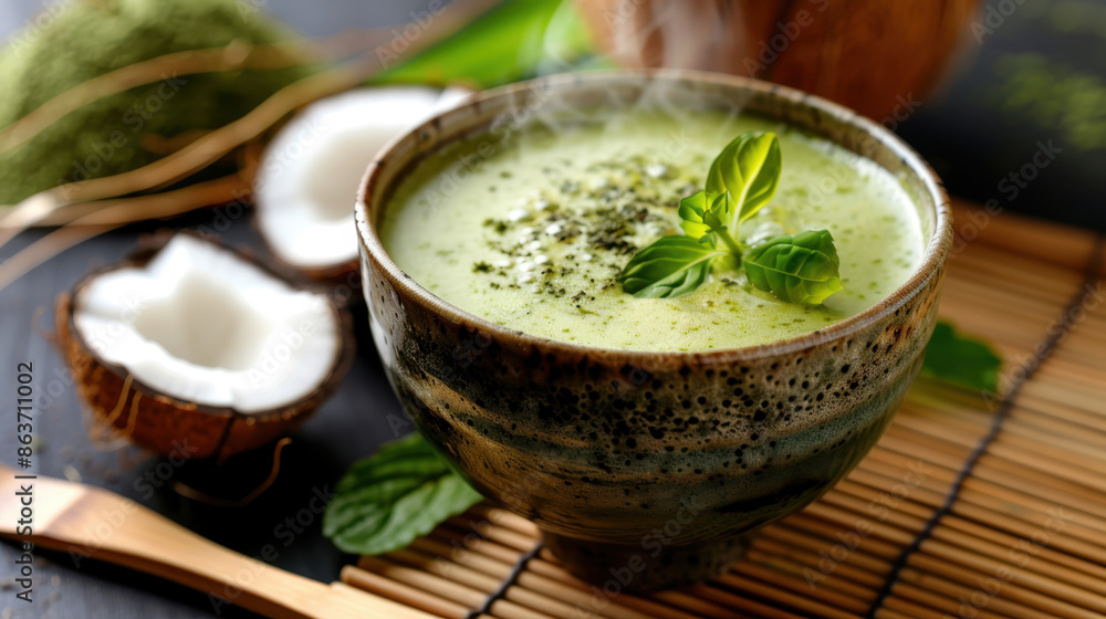 Steaming bowl of green matcha coconut soup with basil garnish and coconut halves on wooden mat Steaming bowl of green matcha coconut soup with basil garnish and coconut halves on wooden mat