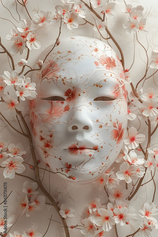 An elegant peach blossom patterned mask with delicate floral motifs in a graphic style An elegant peach blossom patterned mask with delicate floral motifs in a graphic style