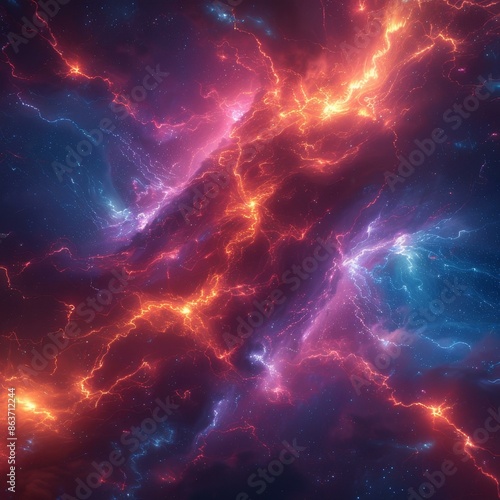 Electrifying Cosmic Scene - Vibrant Nebula with Red and Blue Flames, Electrifying Cosmic Scene - Vibrant Nebula with Red and Blue Fla photo