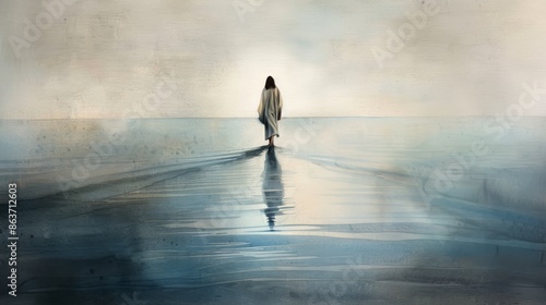 This watercolor of Jesus walking on water captures a tranquil and magical moment with delicate brushstrokes and soft hues. Jesus wears flowing robes He stood gracefully on the surface of the water.