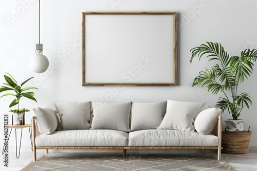 Minimalist Modern Living Room with Grey Sofa Near White Wall, Mockup Poster Frame for Copy Space in Mid-Century Home