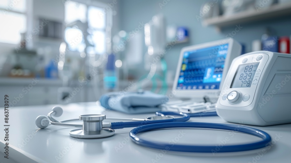 Medical tools on table, stethoscope and blood pressure monitor Medical tools on table, stethoscope and blood pressure monitor