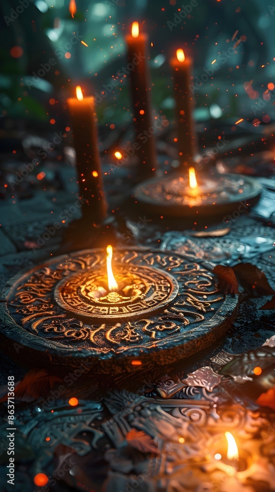 Ritual Communion with Ancient Spirits: A Shaman's Entranced Ritual Amidst Glowing Runes and Arcane Symbols, Flickering Candlelight, and a Dark, Ritual Communion with Ancient Spirits: A Shaman's Entranced Ritual Amidst Glowing Runes and Arcane Symbols, Flickering Candlelight, and a Dark,