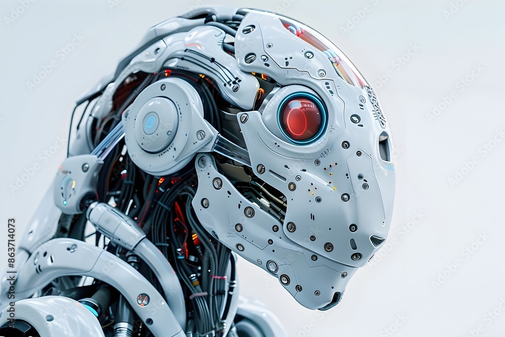 Fototapeta premium Striking Cybernetic Creature with Transparent Robotic Face and Neck in Minimalist Studio