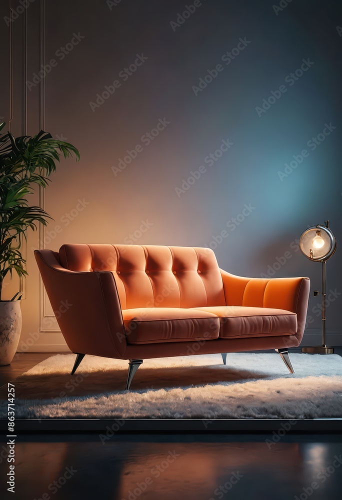 Obraz premium Modern Living Room with Orange Sofa and Floor Lamp.