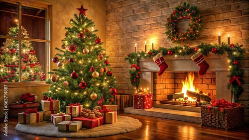 Cozy Christmas scene with a decorated tree, gifts, and a fireplace , Christmas tree, presents, fireplace, holiday, festive © joompon