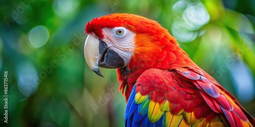 Close up of a vibrant scarlet macaw parrot showing off its red and blue feathers, scarlet, macaw, parrot, bird, colorful © joompon