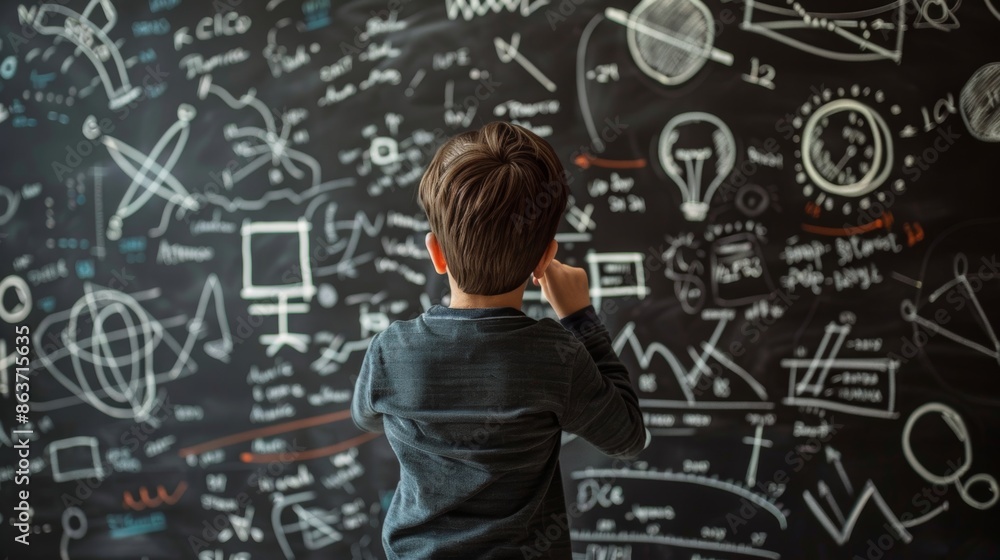 Young student solving math problem on a chalkboard Young student solving math problem on a chalkboard