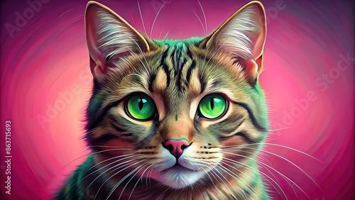 Painting of a cat with mesmerizing green eyes on a vibrant pink background, cat, painting, green eyes, pink background, feline © joompon