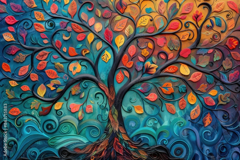 custom made wallpaper toronto digitalVibrant Abstract Tree of Life with Swirling Branches and Intricate Leaf Patterns  Colorful digital of a lush organic tree with flowing ornate branches and intricate patterned foliage in a visionary