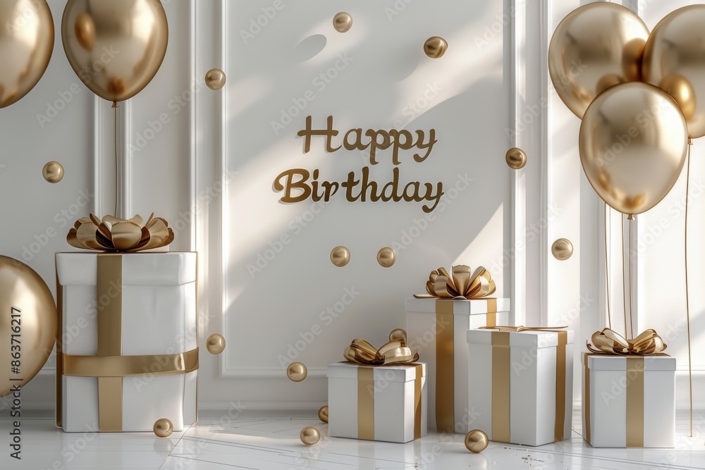 Elegant Gold Birthday Banner With Gifts and Balloons Elegant Gold Birthday Banner With Gifts and Balloons