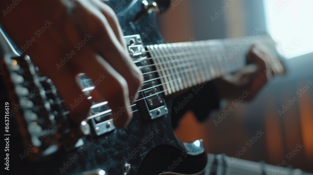 Fototapeta premium Electric guitar player close up. Illustration generated by ai
