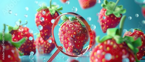 Fresh red strawberries with droplets of water and a magnifying glass, highlighting the texture and freshness of the fruit. Blue background. photo