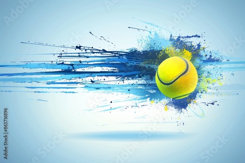 Dynamic tennis ball impact with colorful paint splash on blue background