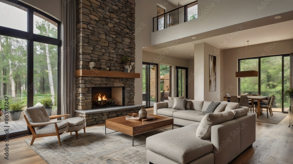 The interior design of a room with a fireplace and wood mantle staircase wooden flooring decorated and staged large bright windows and modern decor The interior design of a room with a fireplace and wood mantle staircase wooden flooring decorated and staged large bright windows and modern decor