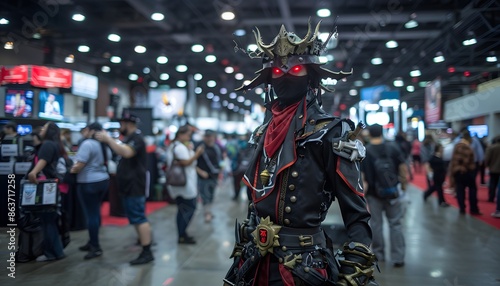 A person dressed in a elaborate costume with a large crown and red eyes stands amongst a crowd of people at a convention