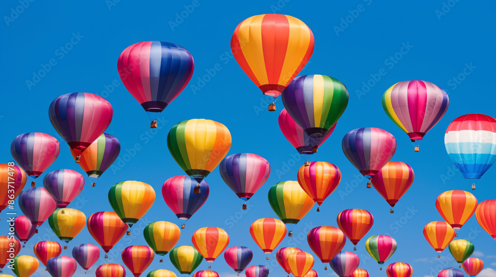 Obraz premium The LGBTQ+ flag is a long, colorful hot air balloon, small and spread out across the entire image, viewed from a low angle.