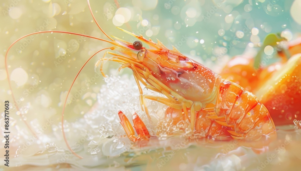 Vibrant close-up of a shrimp in water with splashes and bokeh effects, creating a refreshing and lively aquatic scene. Vibrant close-up of a shrimp in water with splashes and bokeh effects, creating a refreshing and lively aquatic scene.