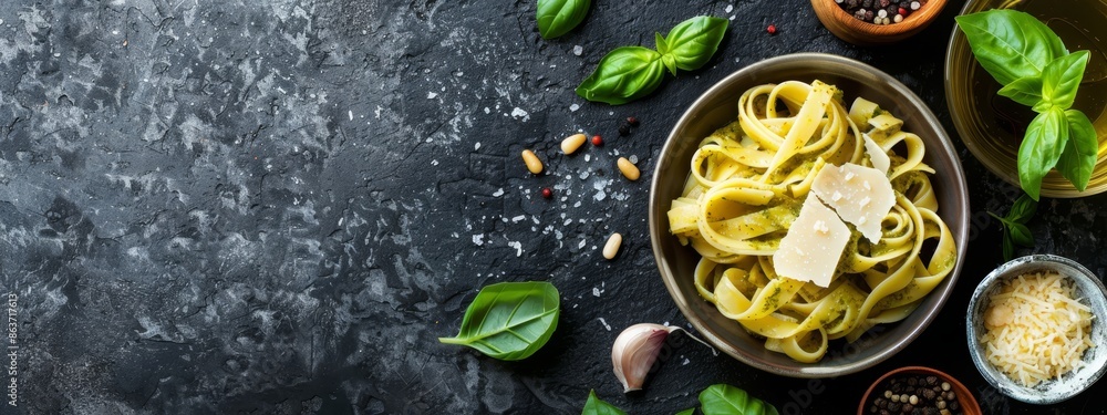 A dark backdrop showcases a pasta bowl brimming with basil, garlic, and parmesan cheese Spices and herbs are artfully sprinkled over the A dark backdrop showcases a pasta bowl brimming with basil, garlic, and parmesan cheese Spices and herbs are artfully sprinkled over the